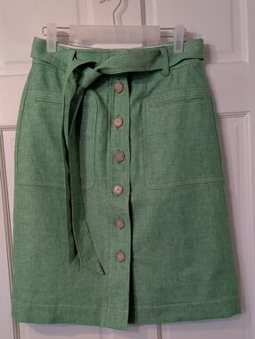 J. Crew Green Button-Front Belted Midi Skirt